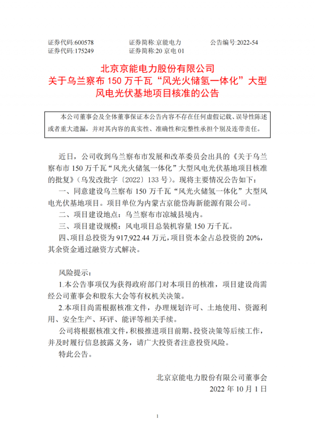 京能電力150萬千瓦“風光火儲氫”基地獲批！