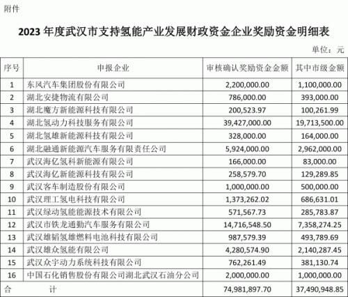 7500萬元 武漢公布氫能產業扶持資金結果